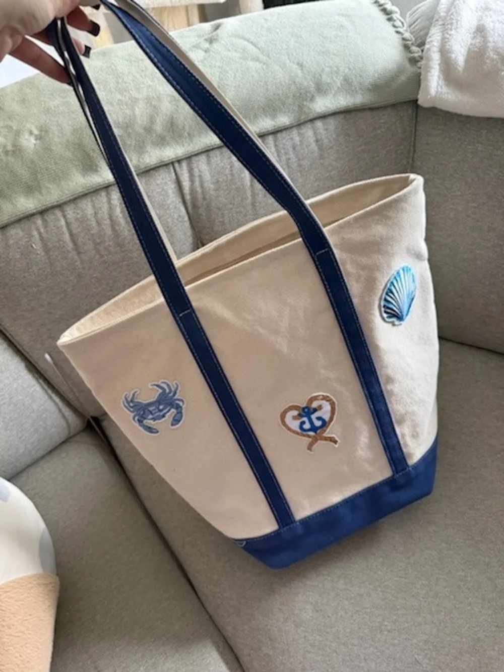 Canvas Tote with Nautical Embroidery - Blue & Cream
